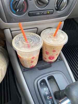 Two medium iced caramel lattes