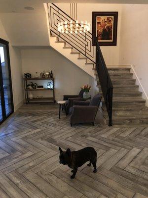 Custom hardwood floors, herringbone and staircase installation