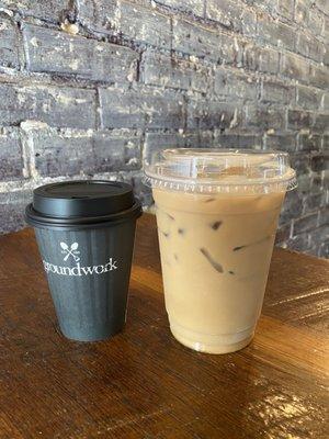 Small drip coffee , iced vanilla latte with oat milk