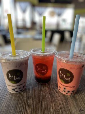 Taro milk, strawberry fruit and watermelon milk teas