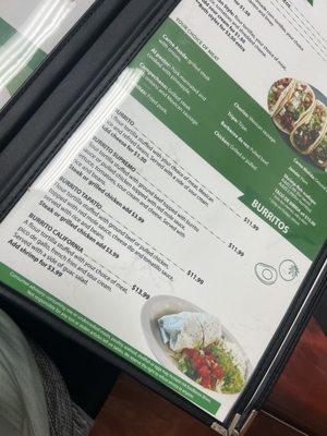 Burrito menu