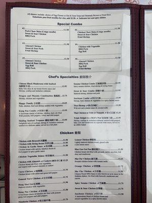 Specials, chef specialties and chicken menu items.