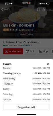 Hours of operation on Yelp