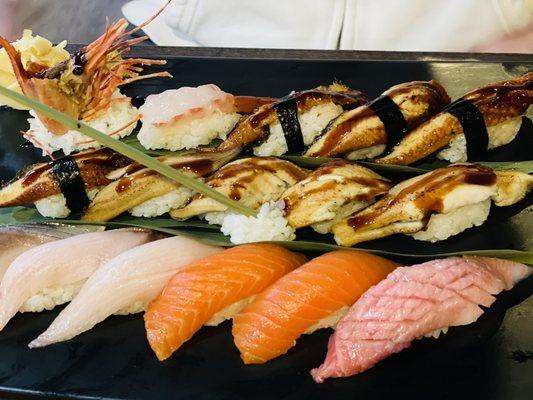 Yellowtail sushi, salmon sushi, toro sushi, different kinds of unagi sushi, Botan shrimp sushi