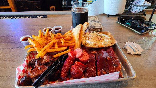 Three meats platter, Burnt Ends, OG sausage and Ribs with Fries and Coleslaw.  Delicious!!!