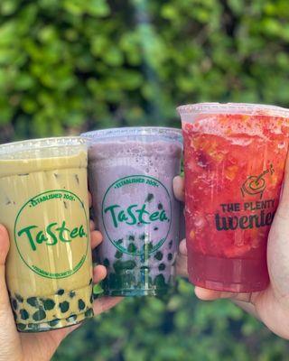 Matcha Thai Milk Tea (20oz - $4.75)  Taro Fantasy (20oz - $5.10)   Peach Me Freezie (20oz - $4.95)  **add-ons: Honey boba - $0.60