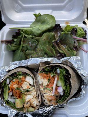 Thai Wrap - Grilled Chicken, Carrots, Red Onion, Cucumber, Field Greens, and Thai Peanut Sauce, I added Cilantro and Sriracha