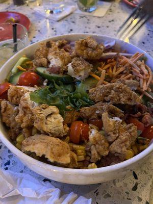 Crispy chicken salad. Very good portion and salad! 15$ or so.