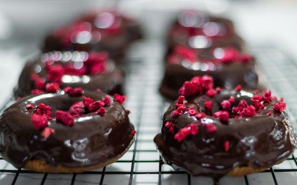 Cake Donut with Chocolate Glaze and Freeze dried Raspberries