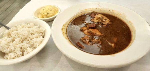 Gumbo, white rice and potato salad