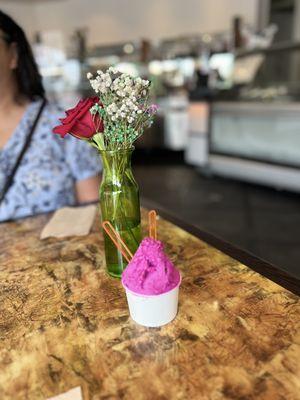 Pitaya (aka dragon fruit) red dragon fruit gelato. Delicious!