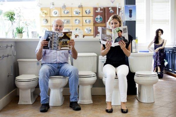 Alan & Camille Guy enjoying the Comfort Height toilets in our Plumbing Showroom, located on El Camino in Menlo Park.