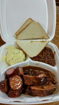 2 meat combo! Ribs and links with potato salad and beans. Of course, gotta have the wonder bread!