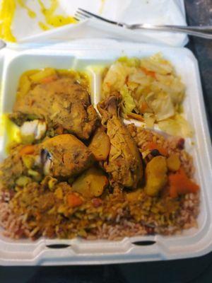 Curry chicken chicken, cabbage, rice and peas