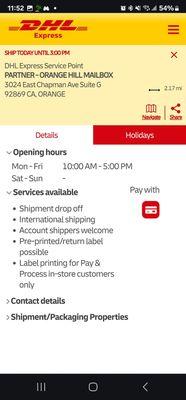 Hours and times for DHL