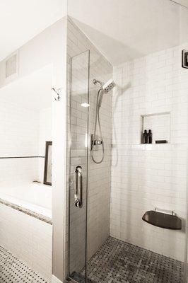 Contemporary Master Bath - White Tile Shower