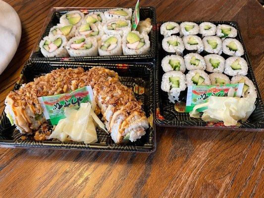 Crunchy shrimp, California, and cucumber rolls