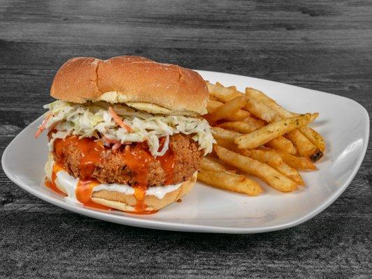 Buffalo chicken sandwich with fries