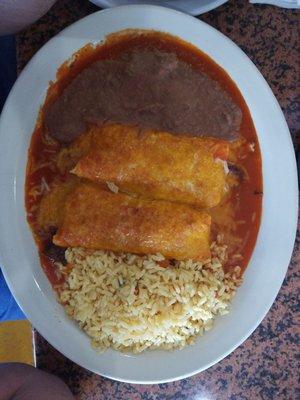 Beef enchiladas, rice and beans