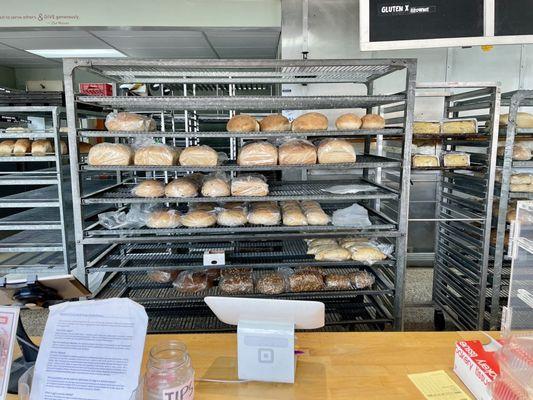 This is what you came here for! Ta DA! Freshly baked loaves of bread. We love Sourdough and the Apple Srapple - SO GOOD.