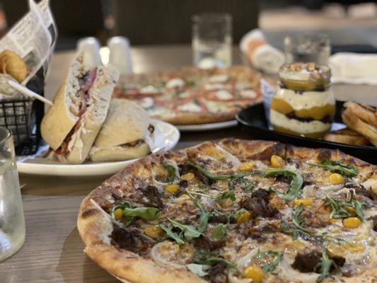 Short rib flatbread, Margarita flatbread, Turkey Panini and Ricotta cheese appetizer