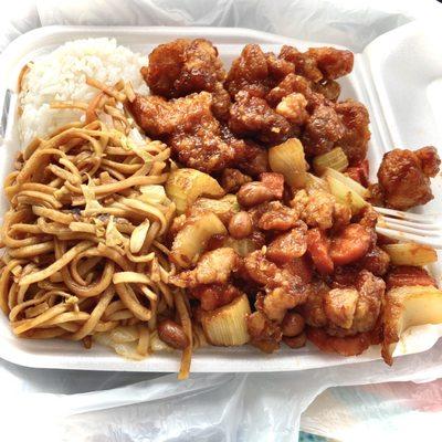 Combo w/ steamed rice, chow mein, orange chicken, Kung pao chicken. Food for craving.