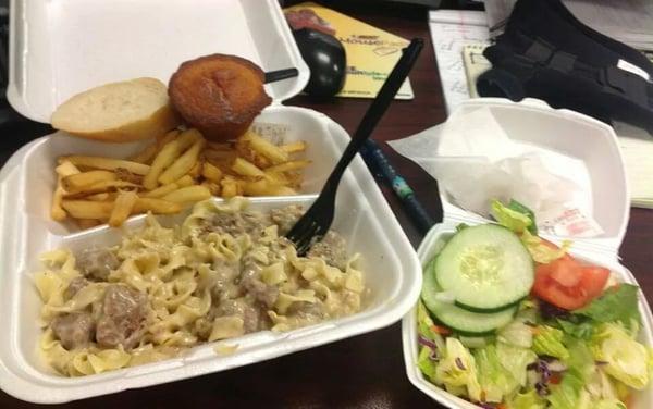 Beef stroganoff and side salad from Nick's Cafe