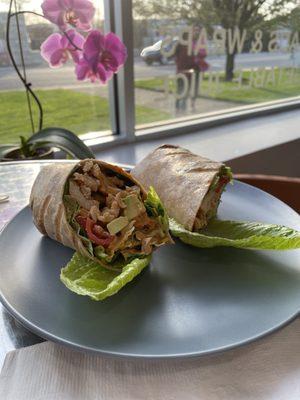 Fresh grilled chipotle chicken wrap with avocado lettuce and tomato! Yum!