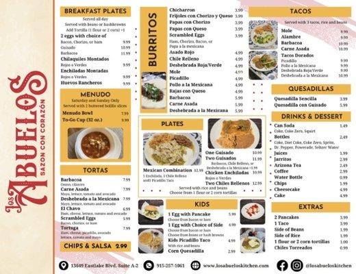 Menu from their website