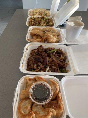 Fried dumplings, Mongolian beef, almond fried chicken, moo shu pork, Hunan special fried rice.