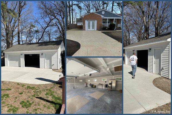 Garage addition with a new driveway that now runs around the side of the house and extends into the backyard