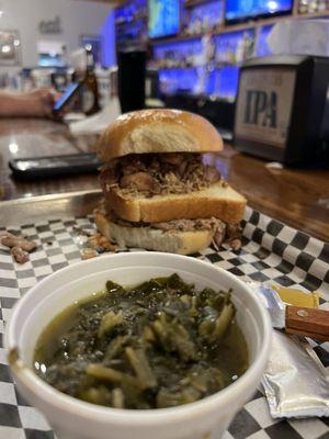 Collard greens with pulled pork and pulled chicken double decker sandwich!