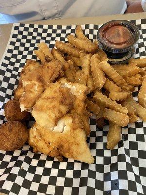 Over cooked cold fries with fried tile fish