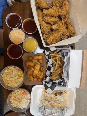 Coleslaw, Cabbage Corn Salad, Fried Cheese Curd, Truffle Parm Fries, Spicy Chicken Taco, wings