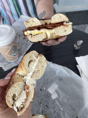 Poppy Seed cream cheese bagel & fried "real" egg and bacon Onion bagel!