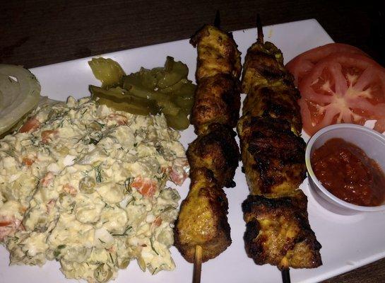 Russian potato salad and chicken kabobs with spicy ketchup, my go to meal