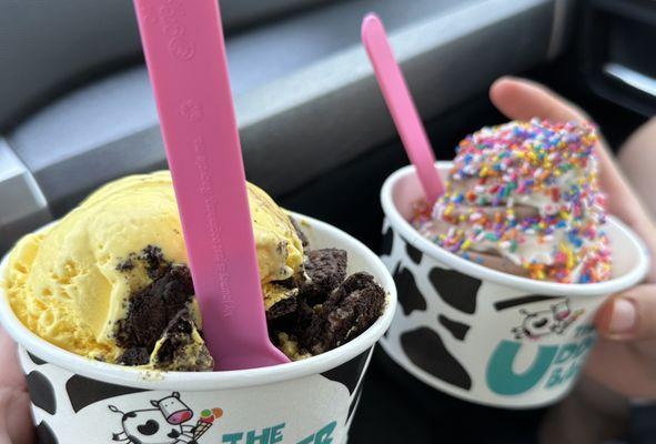 Banana Oreo and vanilla chocolate twist with rainbow sprinkles