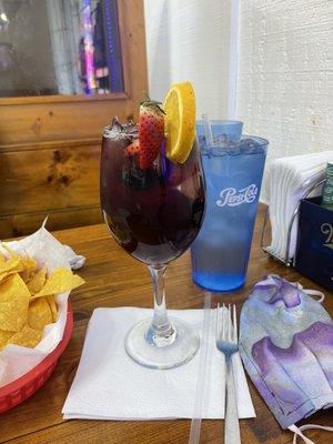 Sangria was delicious and full of fruit.