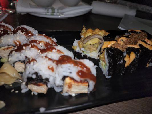 BBQ Tofu (ok) and fried mushroom (awesome) sushi rolls