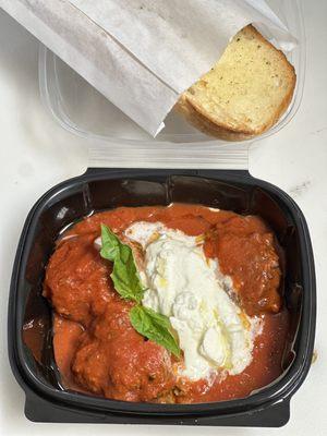 Appetizers- Homemade meatballs with marinara sauce and Burrata cheese