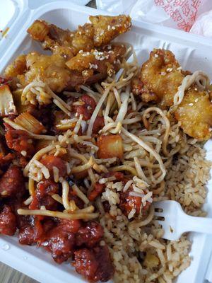 Orange and kung pow chicken with rice and noodles/chow mein