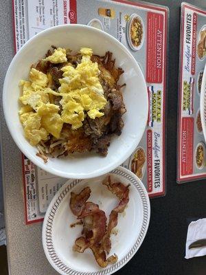 Sausage Egg & Cheese Hashbrown Bowl with a side of Bacon