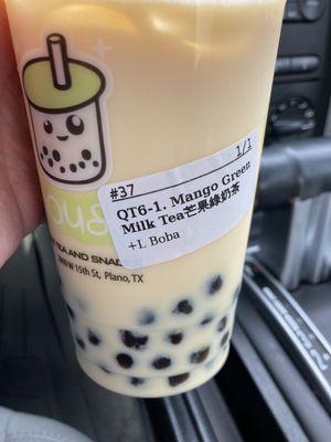 Mango green tea with boba