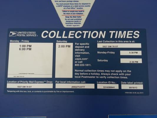 Collections Times (Inside building mail slot)