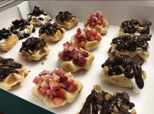 Our authentic waffles with the most delicious toppings. Catering available! We deliver to schools and offices, $24 a dozen mini bites!