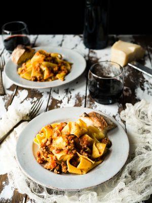 Handmade pappardelle in a slow cooked housemade bolognese sauce.