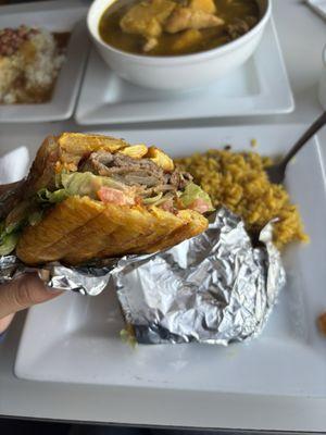 Jibarito Sandwich and arroz con gandules