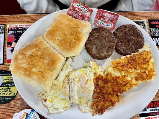 Two Egg Platter with Sausage and Hashbrowns Biscuits