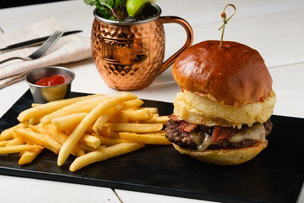 Western Burger-1/2 lb grass fed beef, hardwood smoked bacon, white cheddar, beer battered onion rings, bourbon BBQ sauce, and a brioche bun.