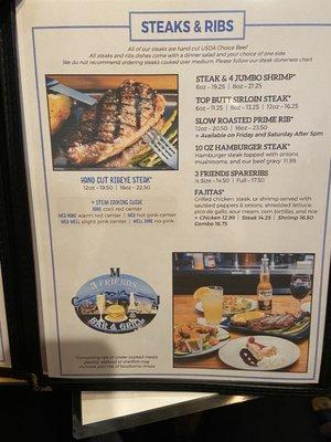 Steak and ribs menu page